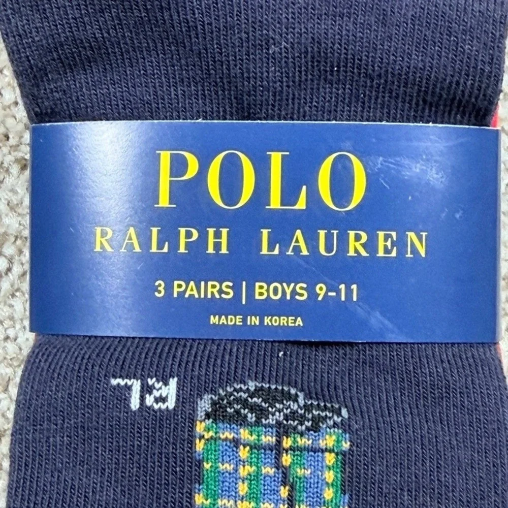 Polo Ralph Lauren 3 Pack Boys Polo Bear Plaid Crew Socks Size 9-11 Shoe 4-10 NEW
